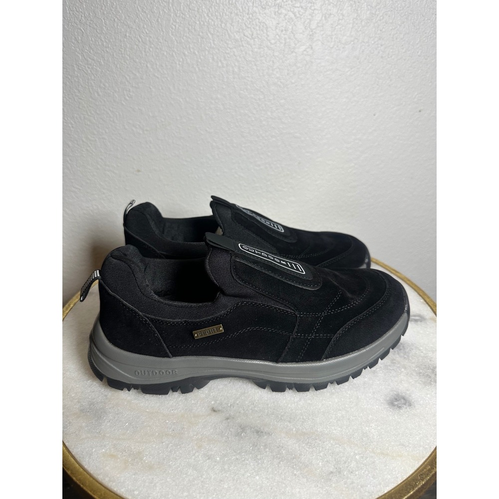 Outdoor Mens Black Suede Slip On Hiking Shoes Rugged Walking Sneakers Black Grey